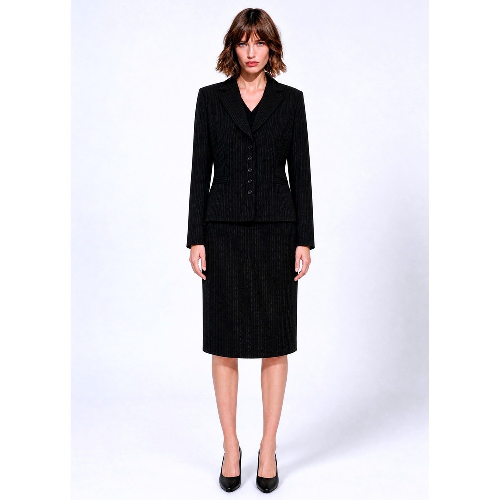 Tahari Skirt Suit Women 12P Black Excellent Pinstripe Blazer Pencil Skirt Set